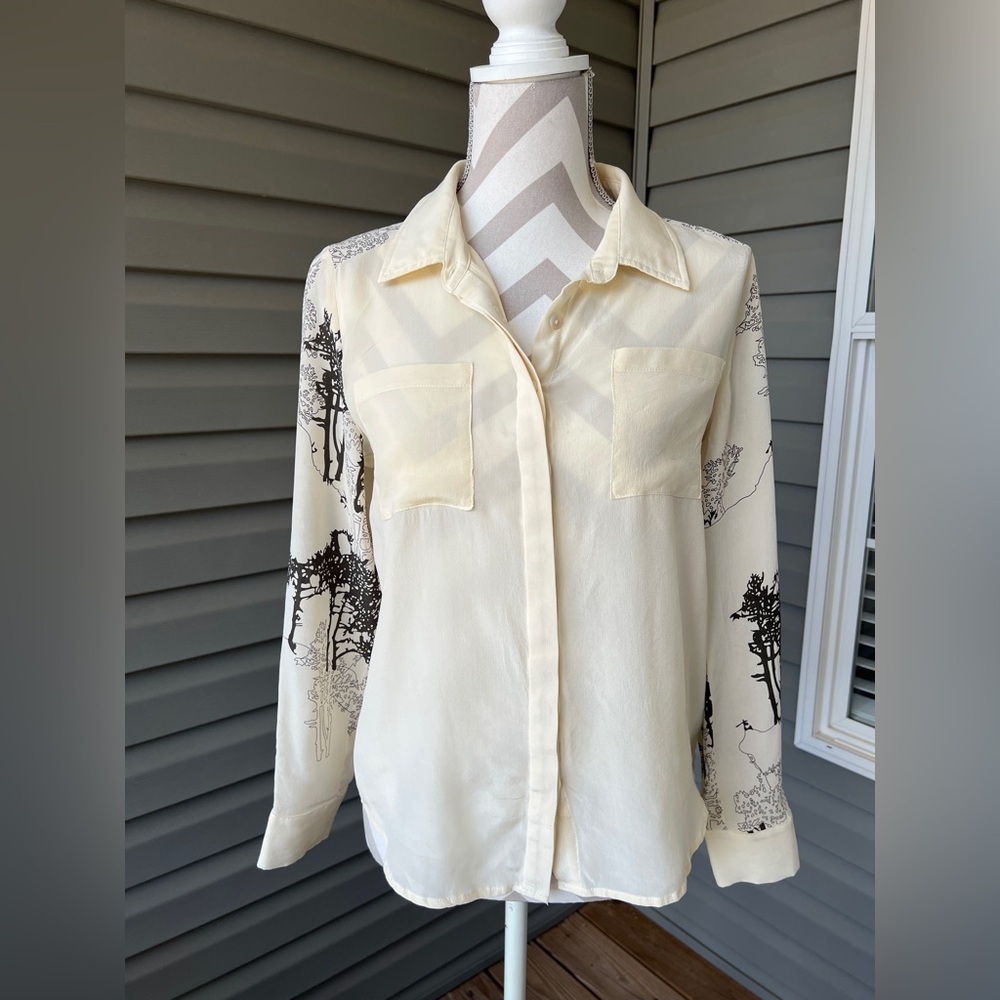 Line & Dot Cream Button-Up Long Sleeve Women's Top with Black Print Sz S